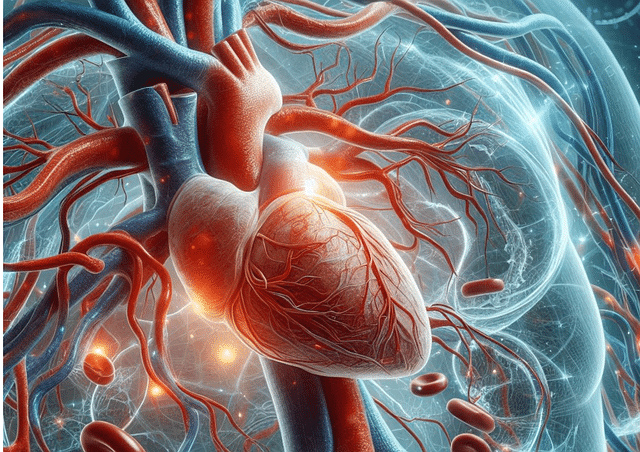 Ilustrasi sistem kardiovaskular manusia yang menampilkan anatomi jantung, pembuluh darah, komposisi darah, sirkulasi pulmonal dan sistemik, serta fungsi sistem peredaran darah.